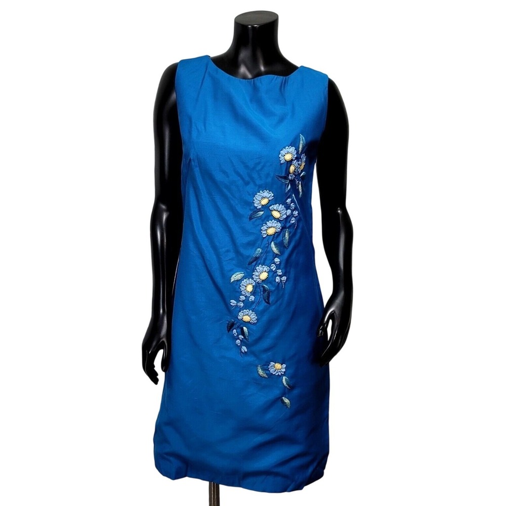 Handmade Vintage Blue Floral‎ Ribbon Embroidery Sleeveless Shift Dress 60s Mod